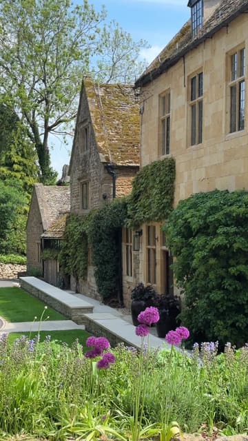 A cinematic montage showcasing a stay at a picturesque hotel in the Cotswolds, featuring exterior architecture, cozy interior spaces, and dining experiences.