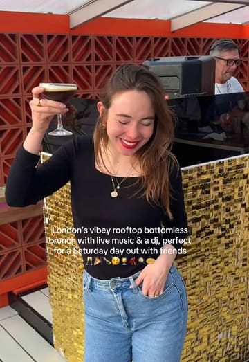 A fast-paced, handheld-style video showcasing a bottomless brunch experience at a London rooftop venue. The footage highlights the social atmosphere, including live music, a DJ, and groups of friends enjoying cocktails and small plates, effectively conveying the venue's 'vibey' nature.