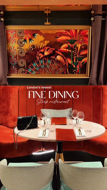 A high-quality, cinematic showcase of a new fine dining steakhouse in Mayfair, featuring close-ups of premium cuts of meat, oysters, wine, and the elegant interior.