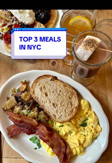 A travel-focused food review video where the creator visits three popular NYC restaurants: Bubby's for breakfast, Red Hook Tavern for a burger, and Melba's for soul food. The video uses a vlog format with voiceover narration, text overlays, and close-up shots of the food and venue interiors to guide the viewer through the dining experiences.