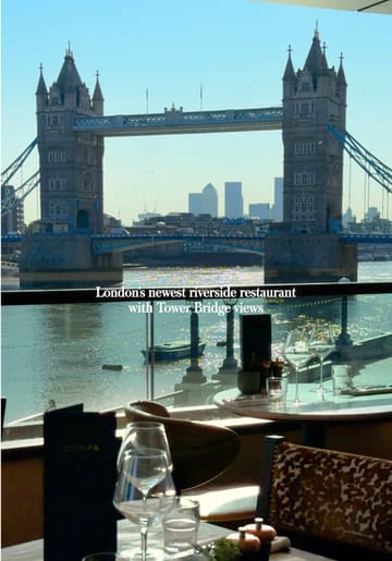 A promotional video for Coppa Club London Bridge, showcasing its riverside location with views of Tower Bridge, stylish interior, and a variety of food and drink options including brunch, lunch, and cocktails.