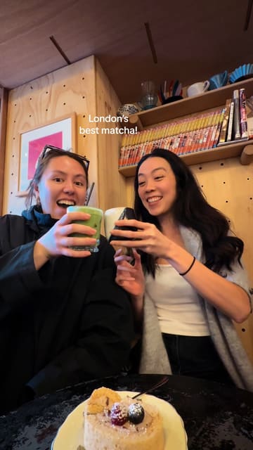 A short, casual reel featuring a visit to Moko Made Cafe in London. The video highlights their matcha latte and kinako roll, showing the product close-ups and the creators enjoying the items in the cafe's cozy interior.