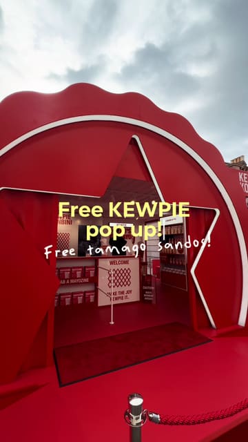 A short promotional video highlighting a Kewpie mayonnaise pop-up event in Covent Garden, London, where free tamago sandwiches are being distributed to the public.
