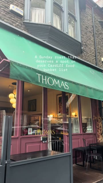 A montage video showcasing a Sunday roast experience at Thomas, The Brasserie, featuring close-ups of the roast beef, starters, desserts, and cocktails.