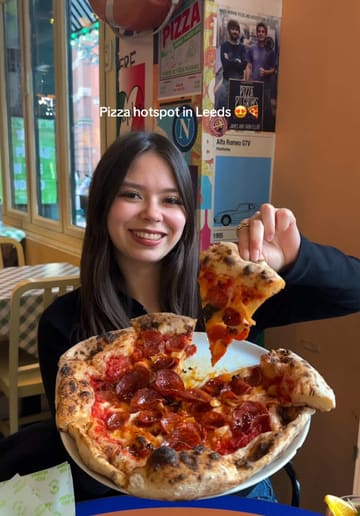 A short video showcasing a visit to Pizza Pilgrims in Leeds, highlighting a limited-edition collaboration featuring four unique dips from other restaurants, alongside their pizza and dessert.