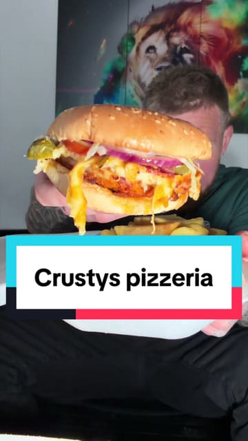 A creator reviews a takeaway meal from Crusty's Pizzeria in Darlington, sampling a munch box, a burger, and a tandoori chicken pizza.