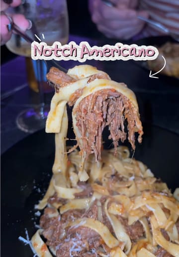 A review of the rebranded Notch Americano in Durham, showcasing their new menu which includes arancini, chicken wings, various pasta dishes like smoked brisket ragu and cicciara, and desserts such as key lime pie and biscoff sticky toffee pudding. The video highlights the dining experience, including drinks and the option to choose pasta types.