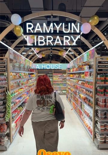 A creator provides a tour of the newly opened Oseyo Asian supermarket in Newcastle, highlighting the 'ramen library', extensive snack and drink selection, Korean cosmetics, and the in-store photo booth.