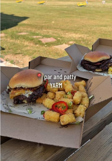 A promotional reel for Par & Patty at Yarm Driving Range, highlighting their smash burgers, sides like tater tots and mozzarella sticks, and the 'Smash & Swing' deal that combines food with golf practice.