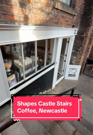 A creator documents their journey to find a hidden coffee shop called 'Shapes Castle Stairs' located on the steps between Newcastle Quayside and Newcastle Castle. The video features the walk to the venue, the interior, the coffee preparation, and the scenic view from the location.