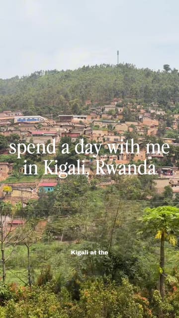 A travel vlog documenting a day in Kigali, Rwanda, featuring visits to a coffee shop, a local market, a restaurant, a gelato shop, the Kigali Genocide Memorial, and a hotel. The video uses a 'spend a day with me' format with voiceover narration.