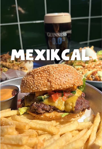 A creator visits 'Durty Murphy's,' an Irish bar in Aberdeen hosting a Mexican food residency called 'Mexikcal.' The video features a tour of the venue, a look at the menu, and close-ups of various dishes including burgers, quesadillas, and beef birra tacos, alongside a Guinness brownie.