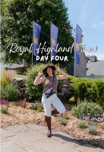 A day-in-the-life vlog covering the final day of the Royal Highland Show, featuring pipe band performances, a lunch in the members' village, agricultural demonstrations, and show jumping.