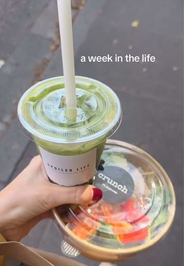 The creator documents a week in her life in St Andrews and Dundee, visiting a salad and soup bar called Crunch and a bakery called Machair, while also stopping by a Charlotte Tilbury counter.