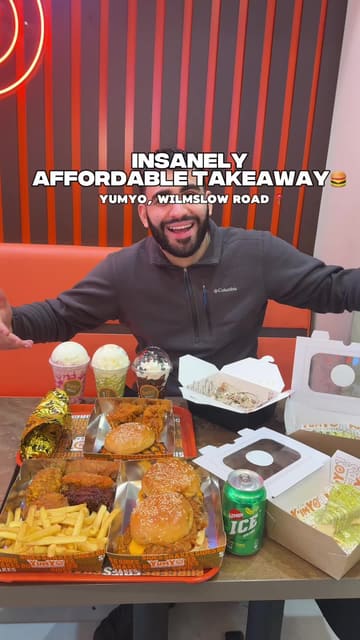 A review of a new takeaway spot in Manchester called Yumyo, highlighting their affordable burger and wing deals, menu variety, and dessert options.