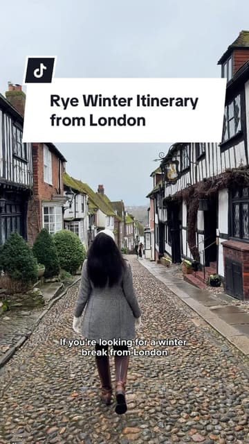 A travel itinerary video for a winter trip to Rye, England. The creator guides the viewer through the town, highlighting historic streets, a cozy cottage stay, dining experiences at The Mermaid Inn and The Globe Inn Marsh, and local activities like visiting the church tower, nature reserve, and beach.