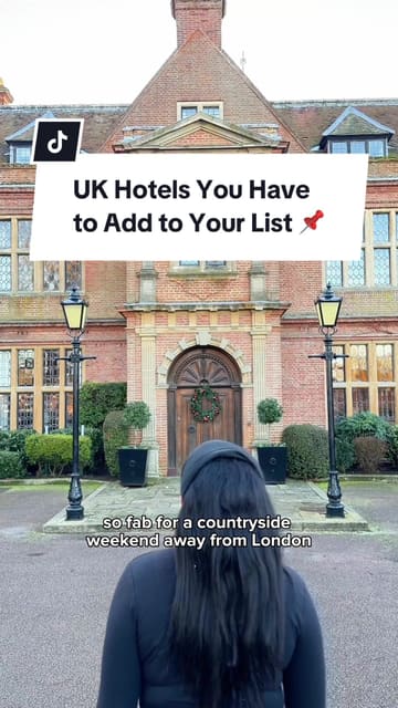 A travel creator showcases a 4-star manor house hotel in the Buckinghamshire countryside, highlighting the spa facilities, dining options, and room quality. The video provides practical information like travel time from London and starting price points.