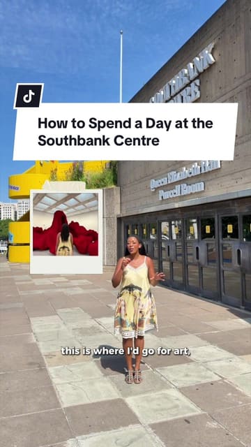 A travel-style vlog guide showcasing a day out at the Southbank Centre in London, featuring the Hayward Gallery, Queen Elizabeth Hall Roof Garden, various food markets, and the Seventy5th Balcony Bar.