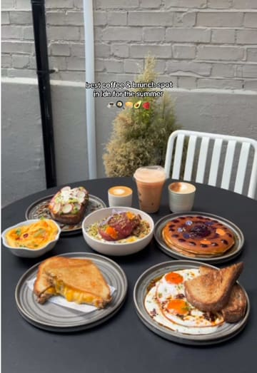 A visually appealing montage showcasing a variety of brunch dishes and specialty coffee at Guillam Coffee House, highlighting their outdoor seating and coffee bean selection.