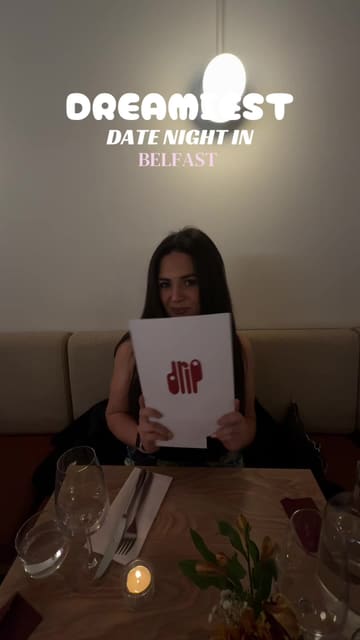 A short, engaging reel showcasing a date night experience at Drip on the Ormeau Road in Belfast, featuring a variety of dishes including pasta, steak, and desserts, alongside cocktails.