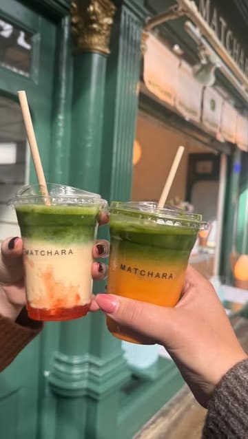 A short video showcasing the preparation and presentation of various matcha-based drinks at Matchara in Leeds Kirkgate Market.