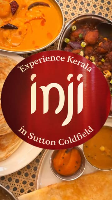 A montage-style video showcasing a South Indian restaurant called Inji in Sutton Coldfield. The video features a variety of dishes, including curries, parotta, and desserts, alongside shots of the restaurant's interior and a child enjoying the food.