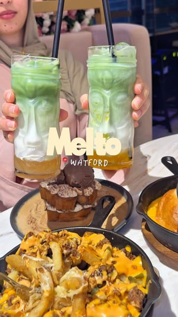 A short, punchy montage showcasing various indulgent food and drink items at Melto in Watford, including burgers with cheese pulls, loaded fries, and decadent chocolate desserts.