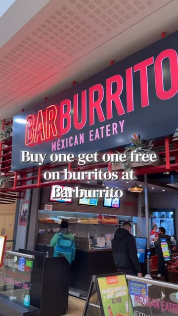 A short, functional reel showcasing a BOGO burrito offer at Barburrito, featuring shots of the venue, food preparation, and the creator enjoying the meal.