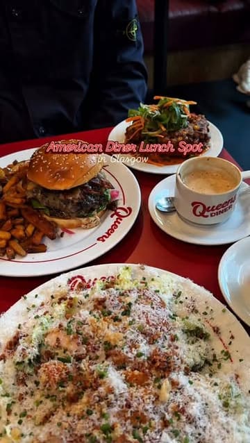 A short montage showcasing various dishes and drinks at Queens Diner in Glasgow, featuring burgers, salads, and sweet treats.