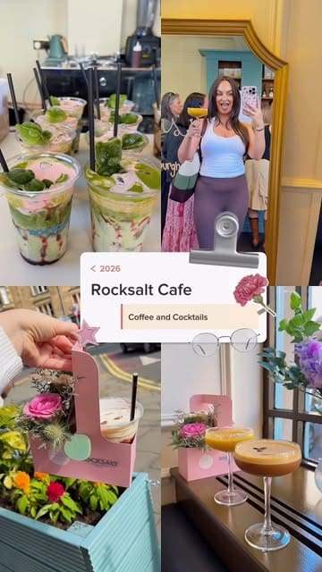 A vibrant, fast-paced vlog showcasing a visit to Rocksalt Cafe in Edinburgh, highlighting their aesthetic coffee and cocktail menu, food options like the chicken caesar wrap, and the venue's social atmosphere, including a photo booth.