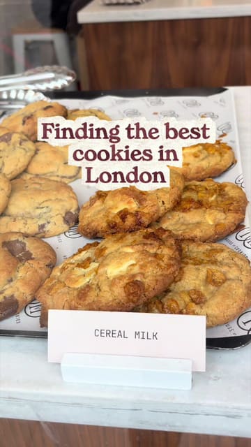 A fast-paced, engaging video documenting a search for the best cookies in London, featuring close-up shots of various cookie types from multiple bakeries.