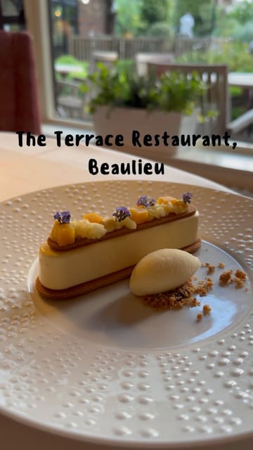 A polished, cinematic showcase of The Terrace Restaurant, featuring elegant dining room interiors, outdoor garden seating, and close-ups of refined dishes like venison, lamb, and dessert.