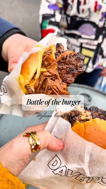 A fast-paced review of the 'Battle of the Burger' event at Wylam Brewery, featuring a wide selection of unique burgers from various vendors. The creator samples multiple items, providing quick commentary on each, which effectively highlights the variety and quality of the food available at the festival.