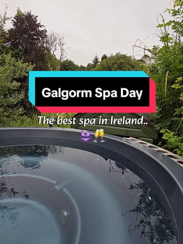A montage-style reel showcasing the various facilities at Galgorm Spa, including hot tubs, thermal suites, and outdoor relaxation areas, accompanied by text overlays detailing the package inclusions.