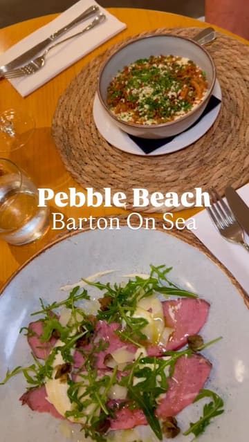 A montage of high-quality food shots and interior glimpses of Pebble Beach restaurant in Barton on Sea, highlighting a three-course meal including starters, mains, and desserts.