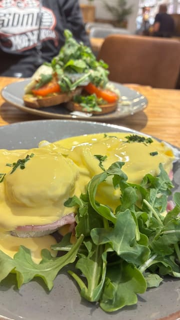 A short video showcasing the menu and food items at Esquires Coffee in Gateshead, featuring an affogato, eggs benedict, and avocado toast.