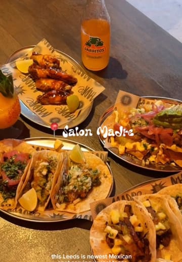 A vlog-style review of Salon Madre in Leeds, showcasing the venue's Mexican-inspired food, cocktails, and casual atmosphere, including pool tables and sports screens.