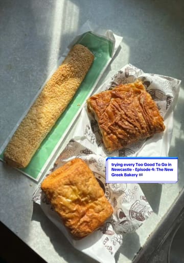 A creator reviews a 'Too Good To Go' bag from a newly opened Greek bakery in Newcastle, showcasing the exterior, the contents of the bag, and providing a taste test and rating.