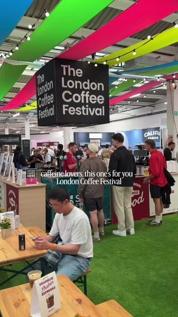 A fast-paced montage showcasing various coffee stands, latte art, interactive experiences like a robot barista, and the general atmosphere at the London Coffee Festival.