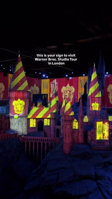 A fast-paced montage showcasing various iconic sets and props at the Warner Bros. Studio Tour London, including the Great Hall, Diagon Alley, and the Hogwarts Express, alongside a brief look at the on-site cafe and Butterbeer.