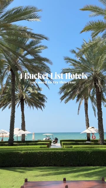A travel-focused montage showcasing four luxury hotels across different locations (Oman, Dolomites, Rhodes, Algarve), highlighting their unique aesthetic features like pools and cliffside views.