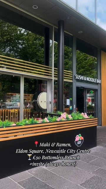 A montage-style video showcasing a bottomless brunch experience at Maki & Ramen in Newcastle, featuring various sushi rolls, sides, and cocktails.