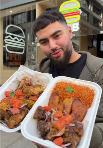A creator reviews a French-African fusion restaurant in London, showcasing dishes like jollof rice, grilled chicken, plantain, and a smash burger. The video features the creator tasting the food and providing commentary on the flavors and value.