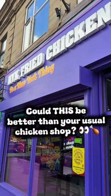 A promotional video for NYK Fried Chicken featuring close-up shots of their menu items, including chicken burgers, a cheeseburger, a fried chicken sandwich, mocktails, and a milkshake, set against the backdrop of their New York-themed interior.