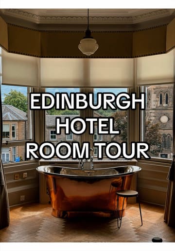 A creator provides a detailed room tour of The Roseate hotel in Edinburgh, highlighting the cozy bedroom, reading nook with a telescope, tea/coffee facilities, minibar, and bathroom.
