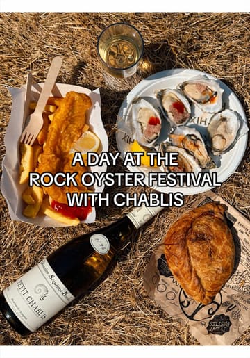 A creator vlogs their day at the Rock Oyster Festival in Cornwall, highlighting the 'Feeling Bourgogne' tent for Chablis wine tastings, oyster pairings, and general festival activities like the ferris wheel and games.
