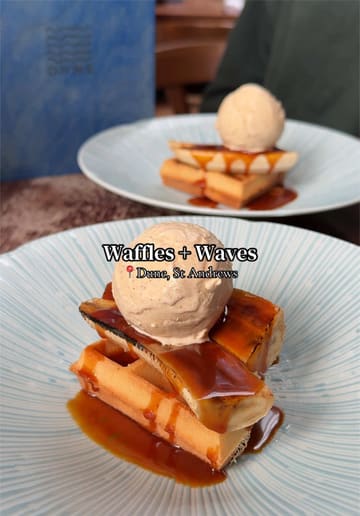 A short promotional video for 'Waffles + Waves' at Dune in St Andrews, showcasing their brunch menu including waffles with ice cream, cocktails, and the venue's interior.