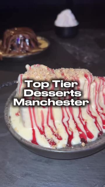 A creator visits the Rooftop Lounge in Manchester to review their dessert menu, specifically highlighting the San Sebastian cheesecake, molten cake, and Matilda cake.
