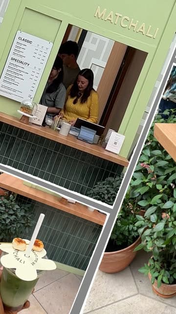 A short, fast-paced reel showcasing a matcha pop-up stand in London, highlighting the preparation process of a banana iced matcha latte.