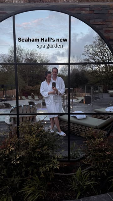 A montage video showcasing the new zen garden at Seaham Hall's Serenity Spa, featuring shots of the outdoor pool, fire pits, and the Geko restaurant, highlighting a spa and dining package.